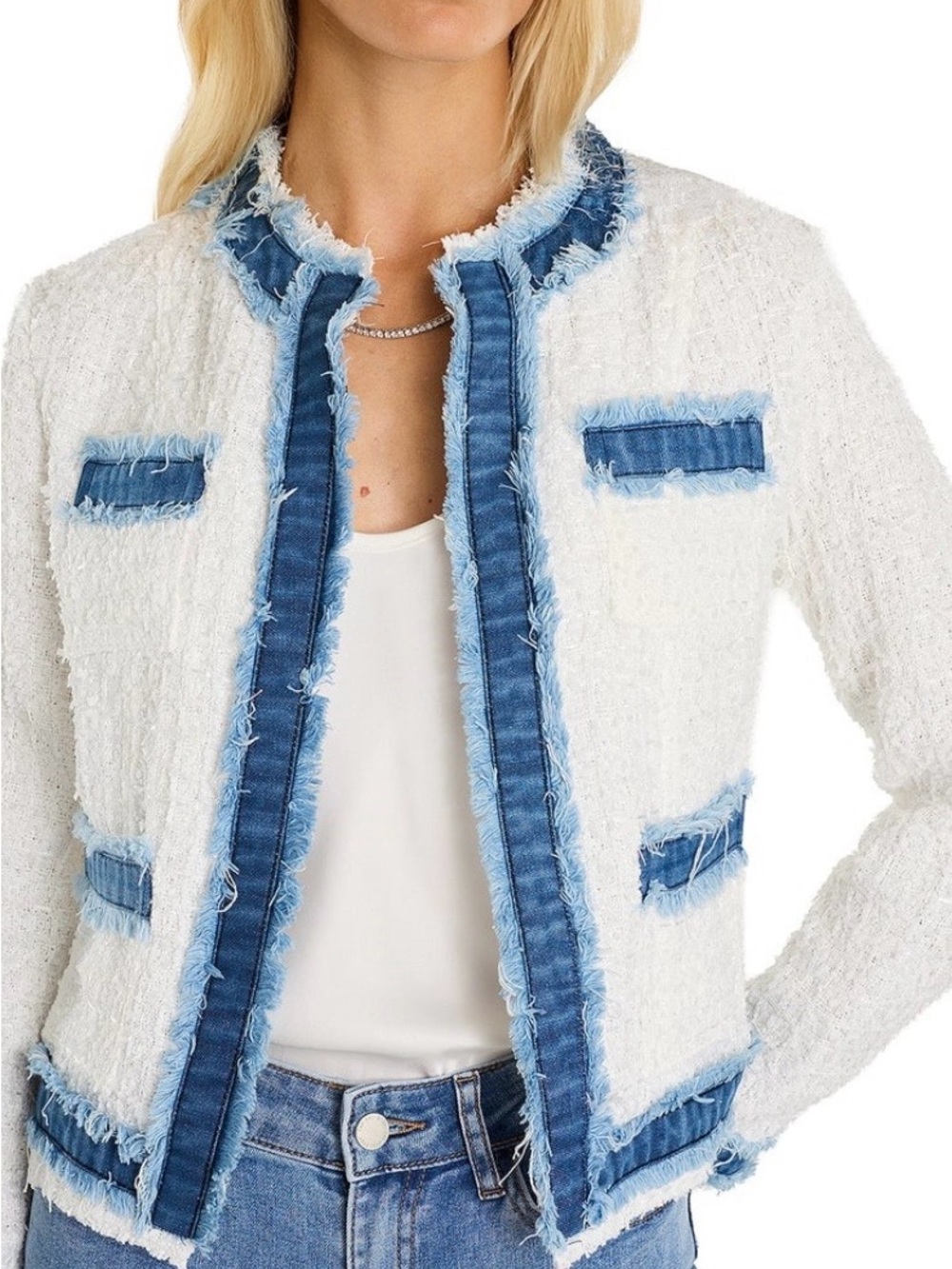 Nanette Lepore White Tweed Jacket with Blue Denim Trim